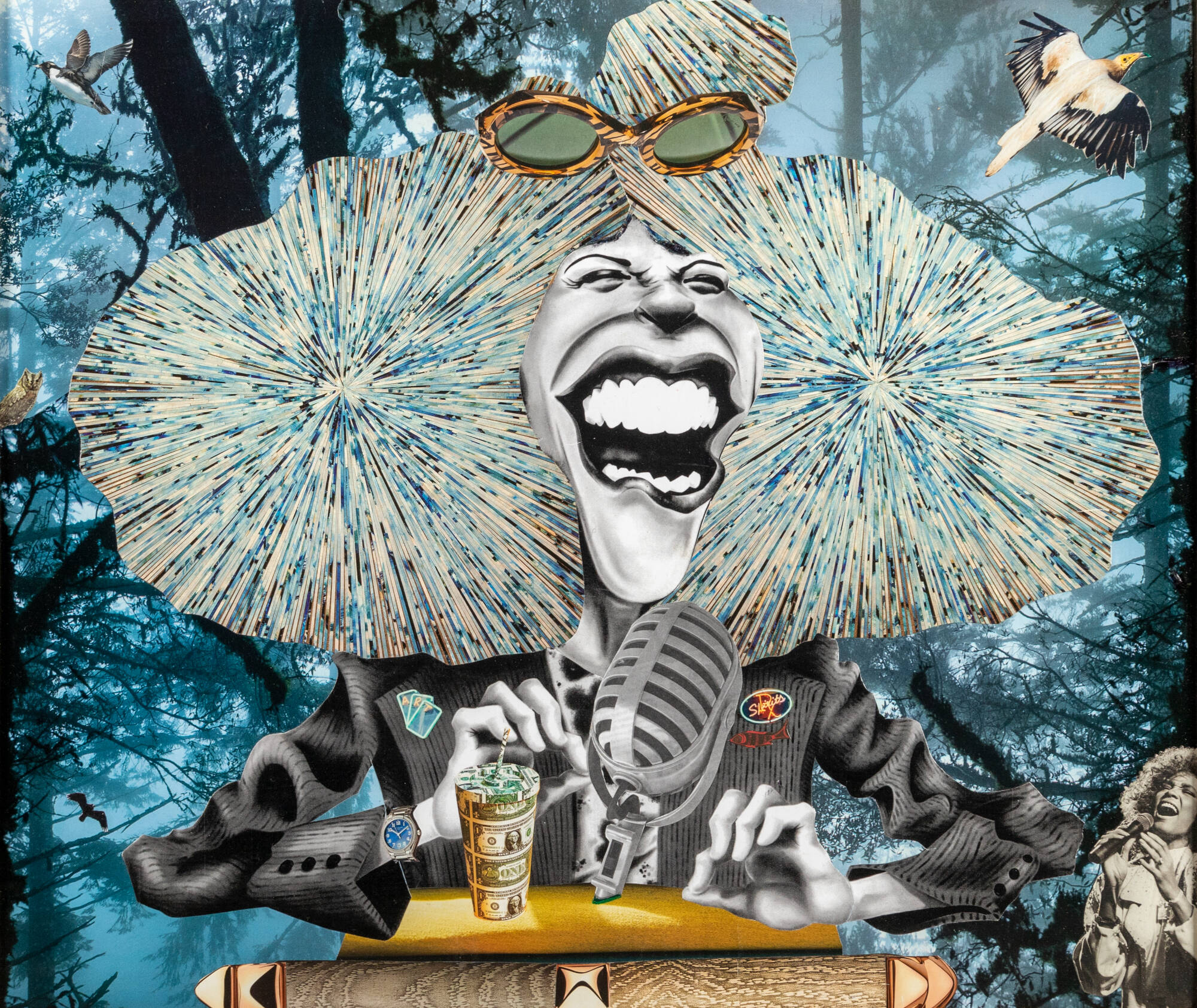 Paper collage of a person at a podium with a large microphone.